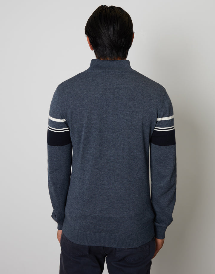 Denim Marl Blue Quarter Zip Colourblock Striped Knitted Jumper