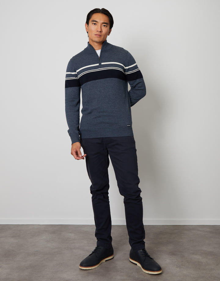 Denim Marl Blue Quarter Zip Colourblock Striped Knitted Jumper