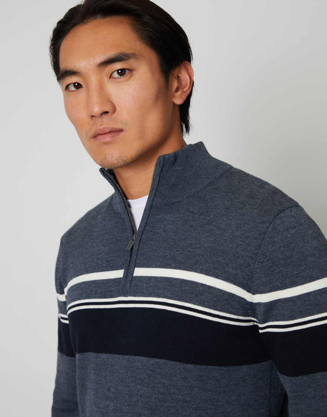 Denim Marl Blue Quarter Zip Colourblock Striped Knitted Jumper