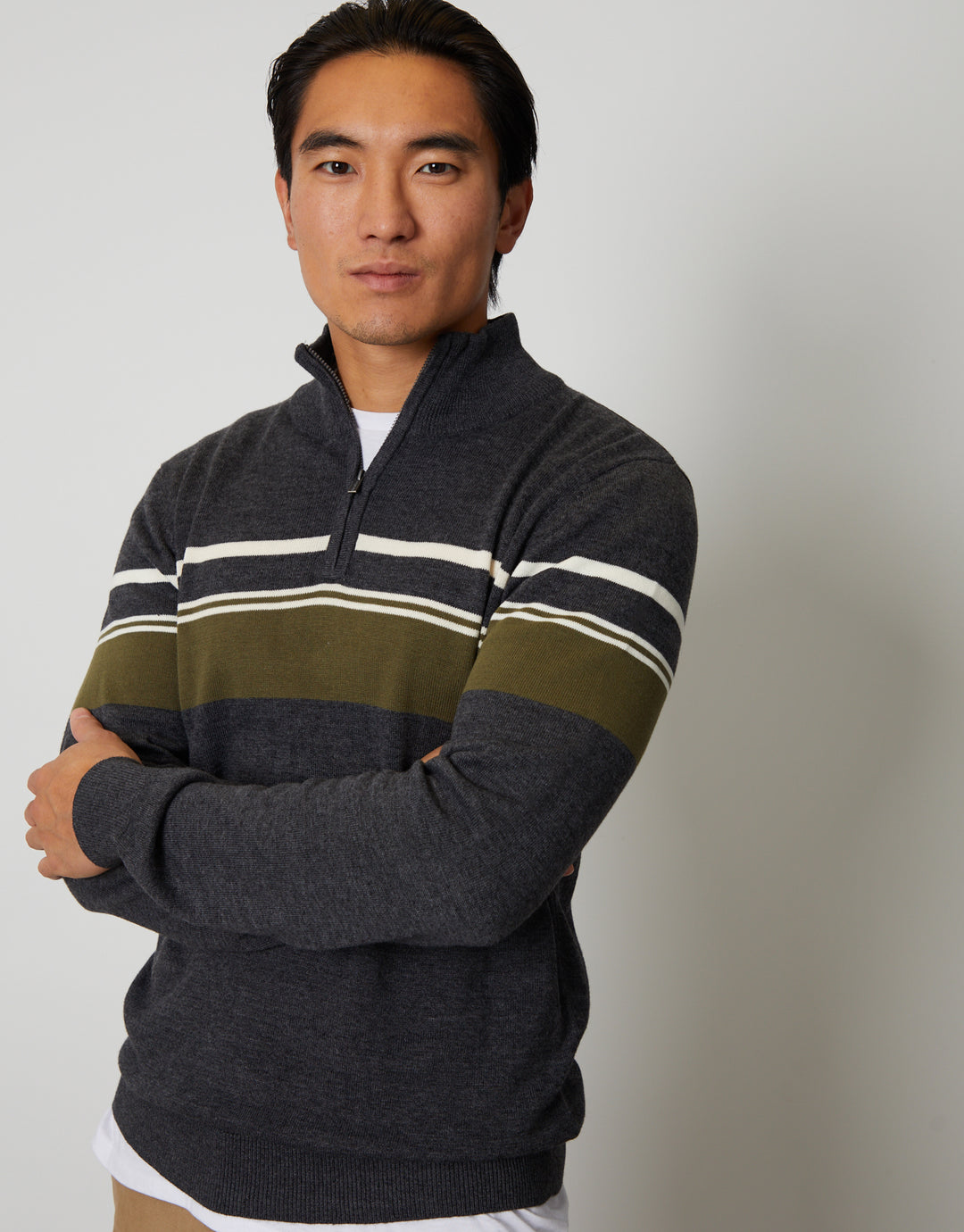 Charcoal Grey Marl Quarter Zip Colourblock Striped Knitted Jumper