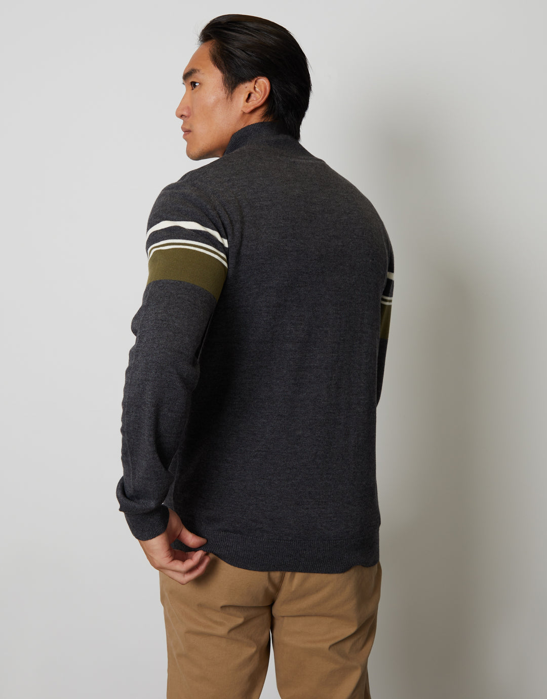 Charcoal Grey Marl Quarter Zip Colourblock Striped Knitted Jumper