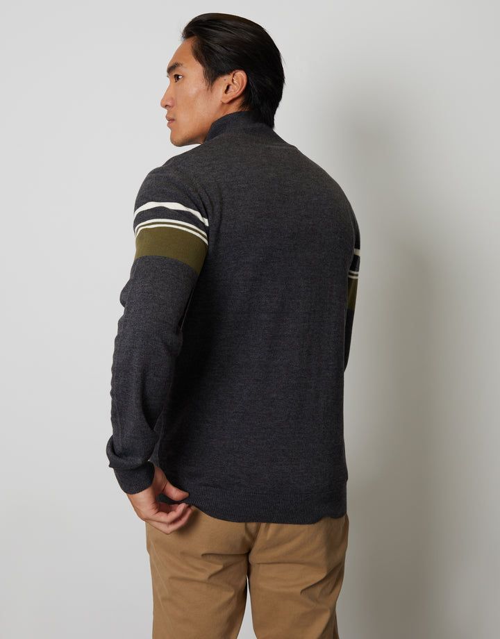 Charcoal Grey Marl Quarter Zip Colourblock Striped Knitted Jumper