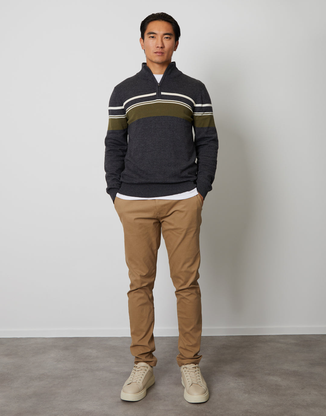 Charcoal Grey Marl Quarter Zip Colourblock Striped Knitted Jumper