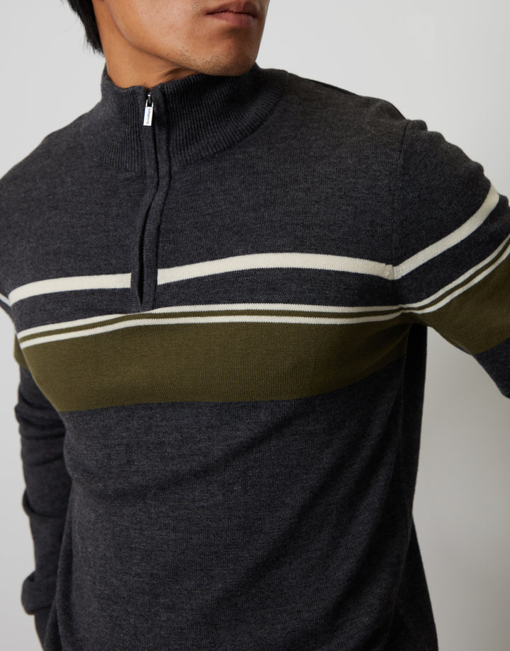 Charcoal Grey Marl Quarter Zip Colourblock Striped Knitted Jumper