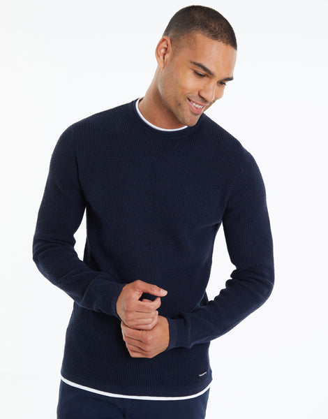 Men's Navy Blue Mock Tee Crew Neck Knitted Jumper – Threadbare