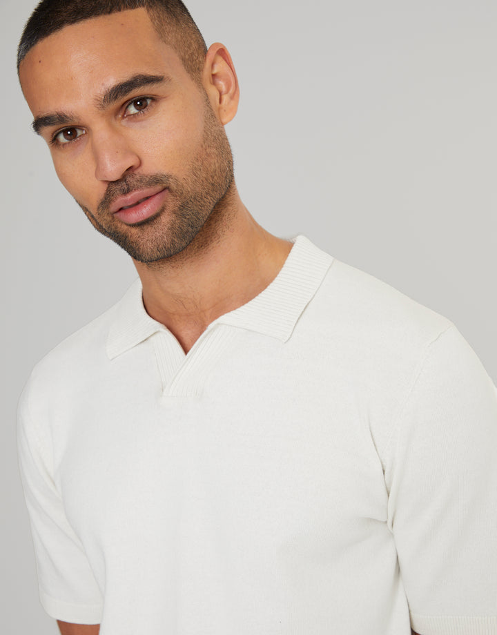 Ecru Trophy Neck Knitted Polo