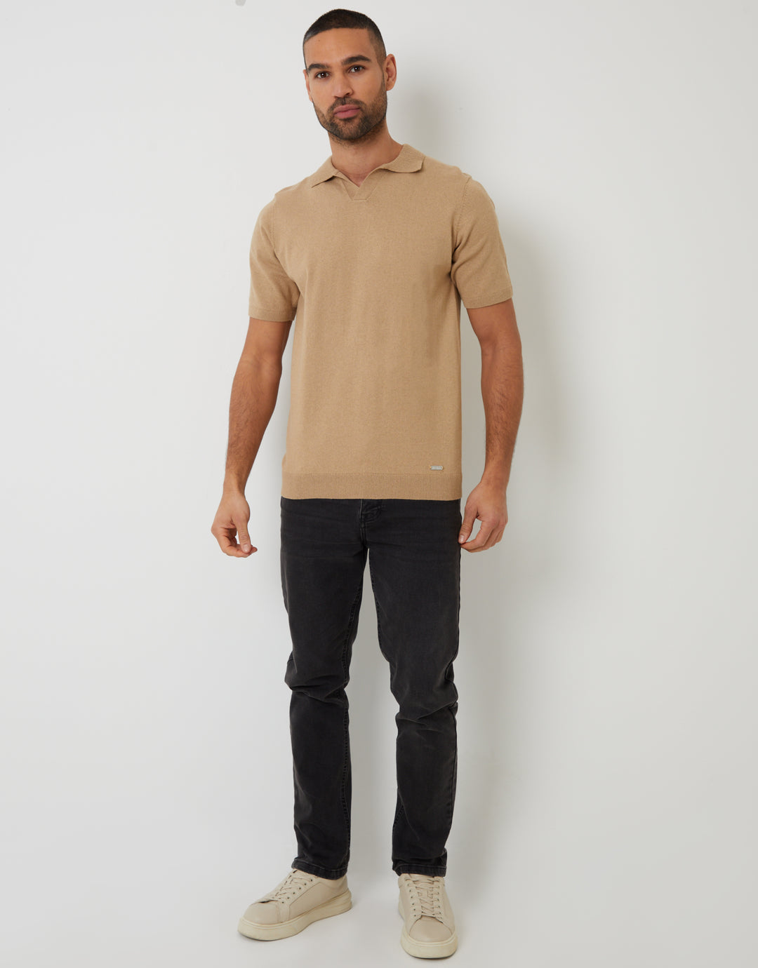 Beige Trophy Neck Knitted Polo