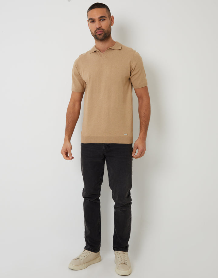 Beige Trophy Neck Knitted Polo