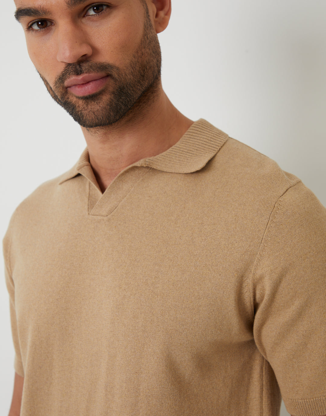 Beige Trophy Neck Knitted Polo