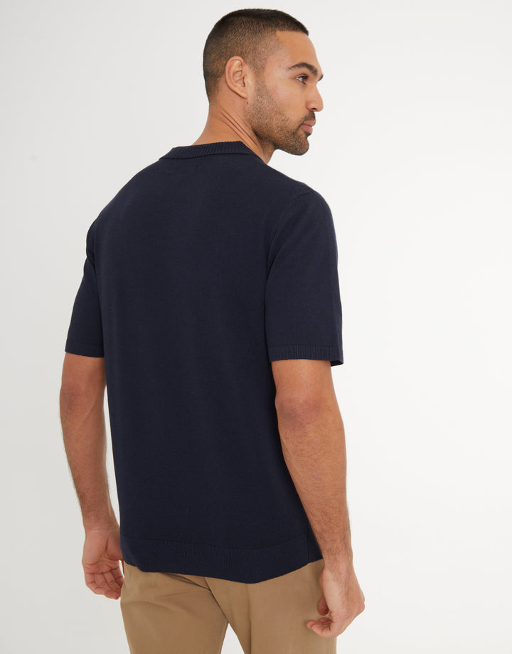 Navy Trophy Neck Knitted Polo