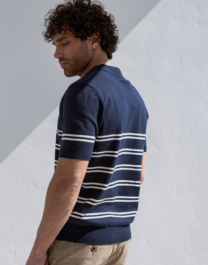 Navy Striped Knitted Polo