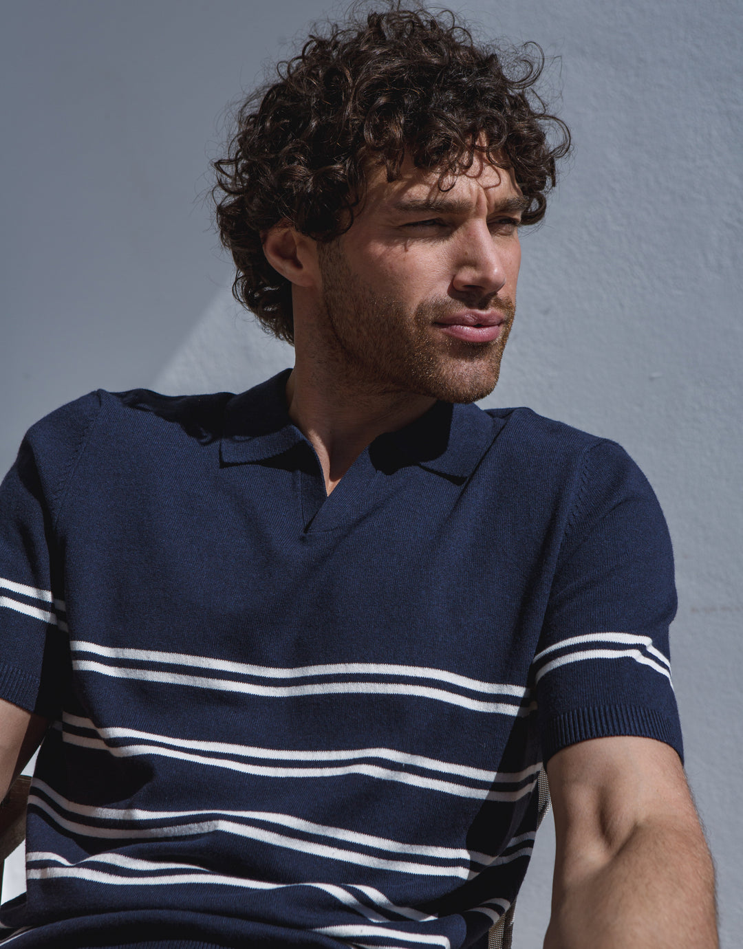 Navy Striped Knitted Polo