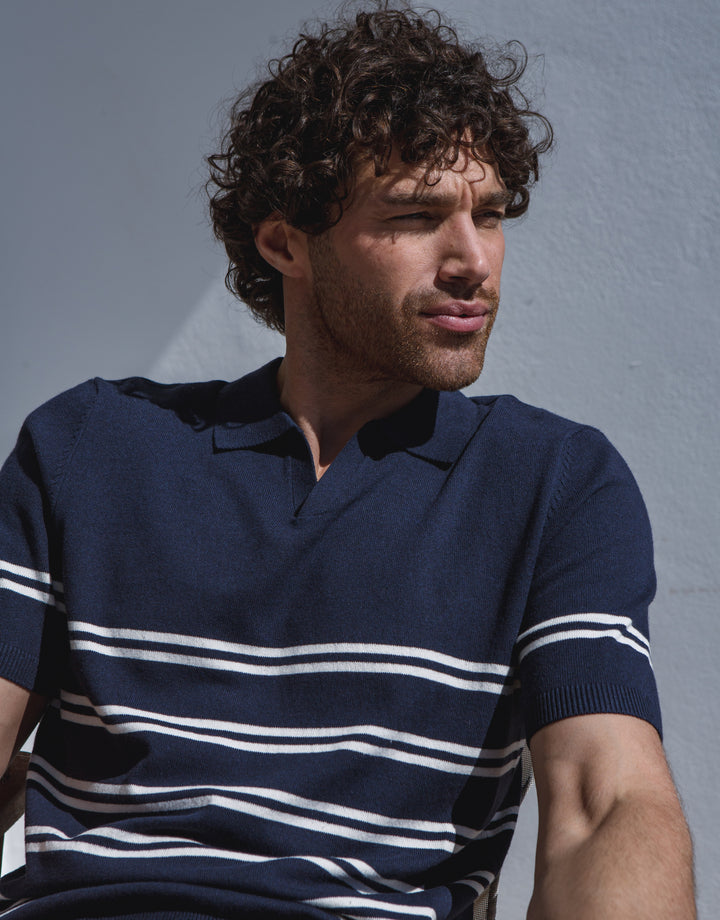 Navy Striped Knitted Polo