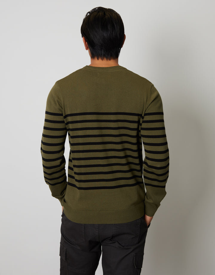 Khaki Green Striped Knitted Crew Neck Jumper