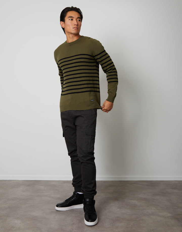Khaki Green Striped Knitted Crew Neck Jumper