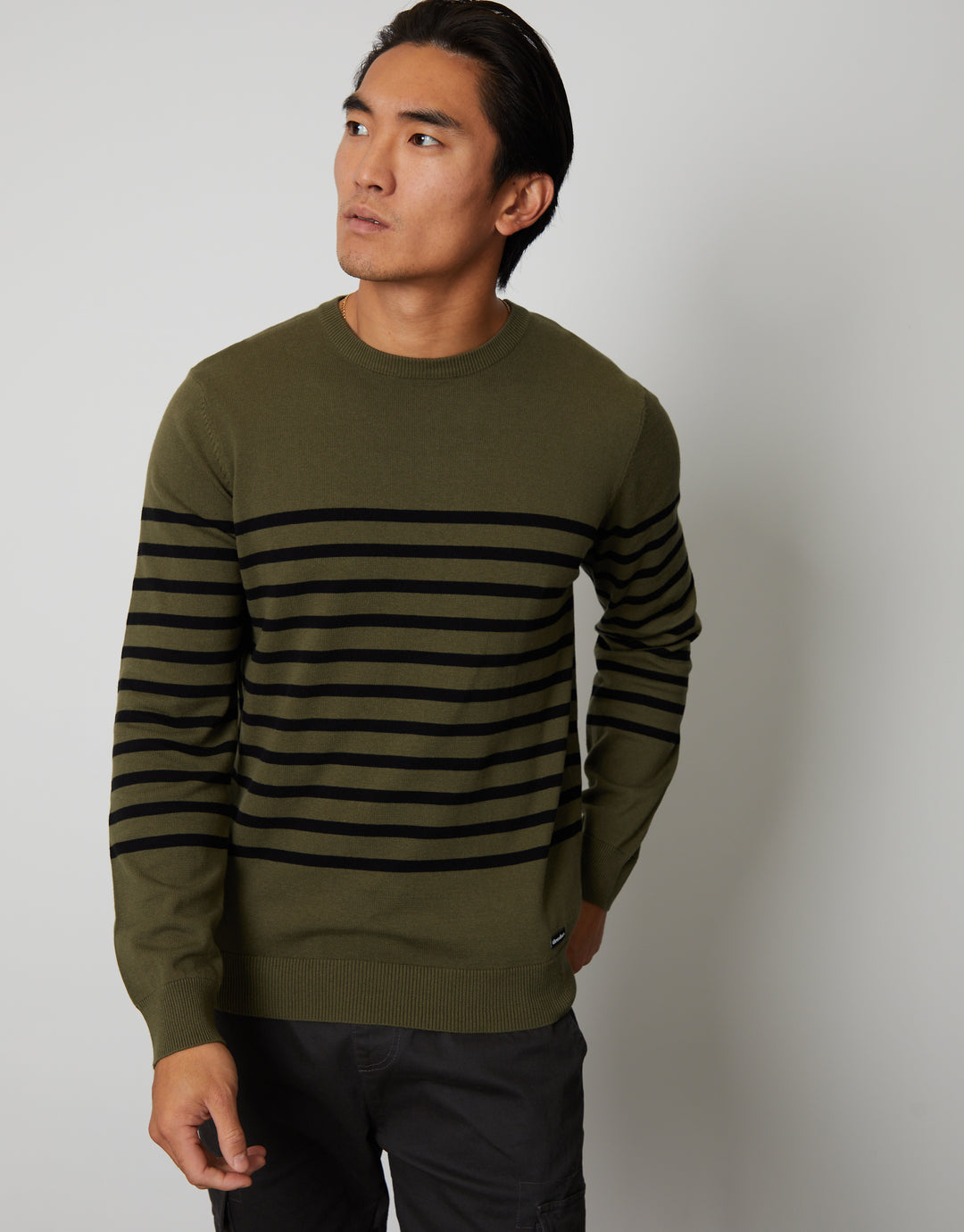 Khaki Green Striped Knitted Crew Neck Jumper