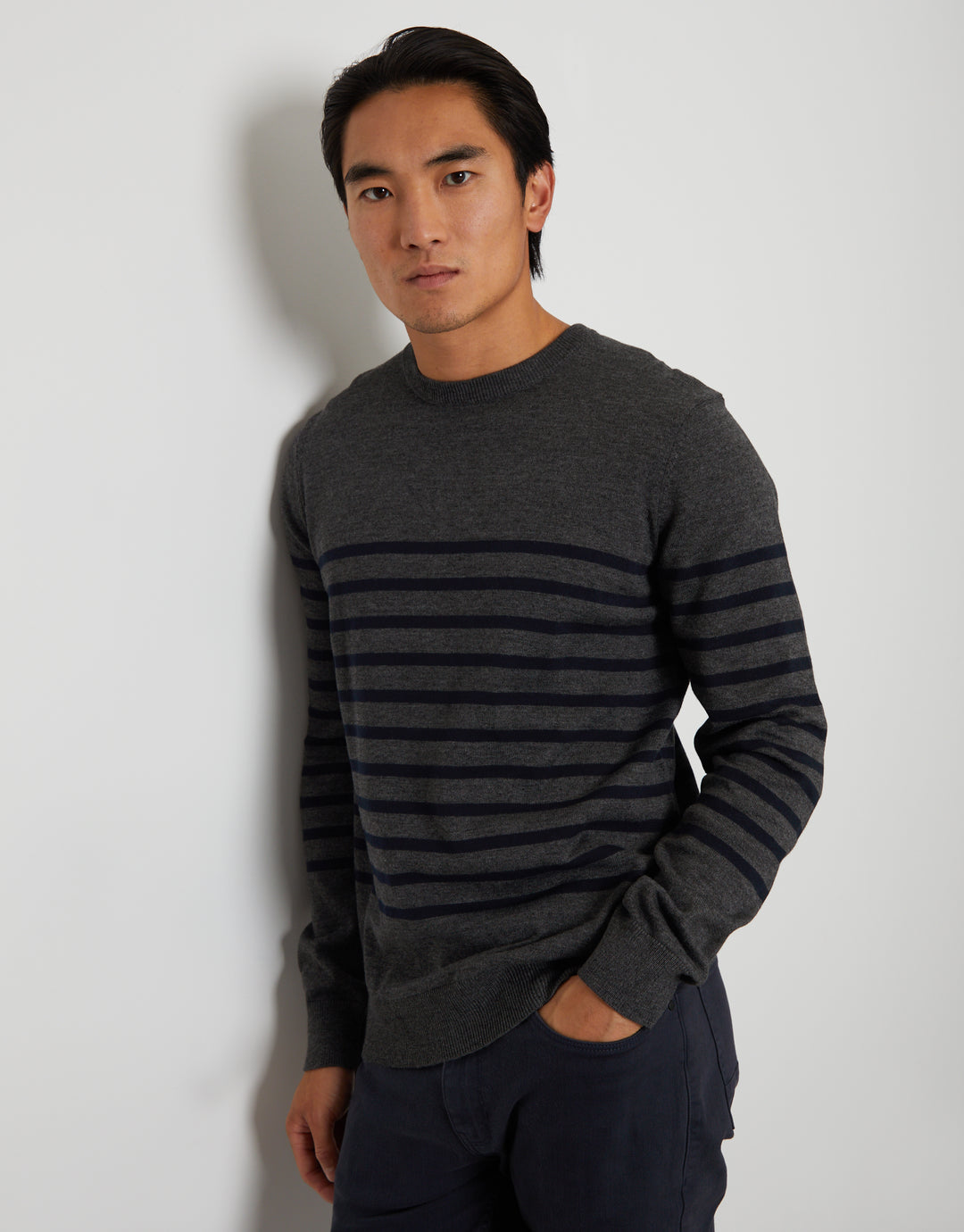 Charcoal Grey Marl Striped Knitted Crew Neck Jumper