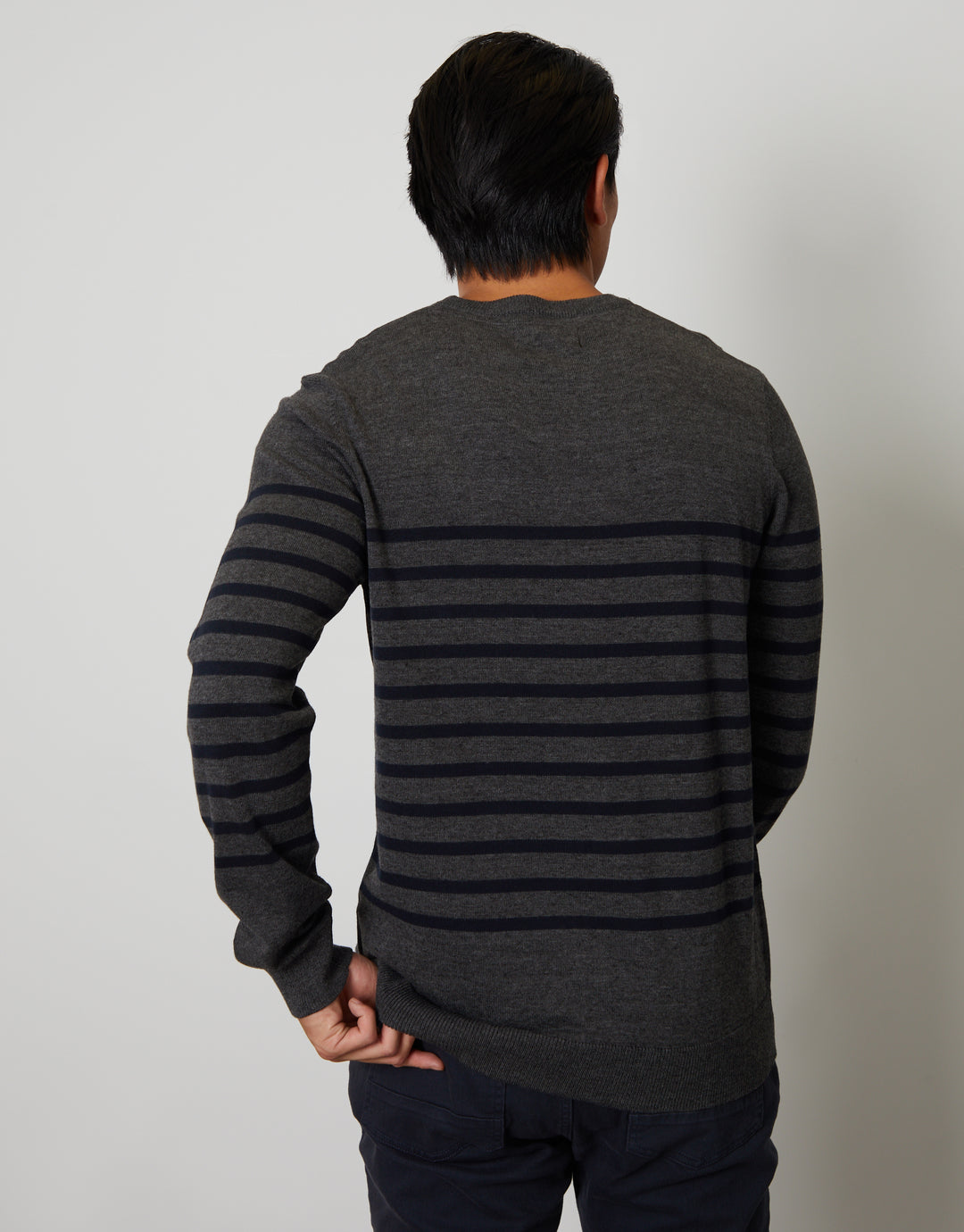 Charcoal Grey Marl Striped Knitted Crew Neck Jumper