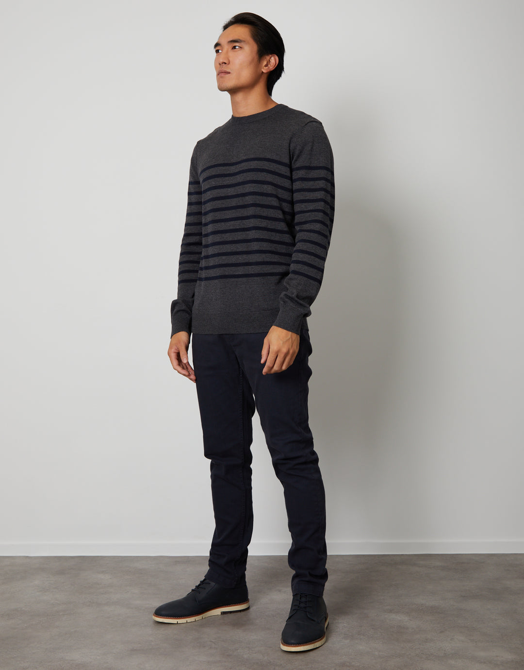 Charcoal Grey Marl Striped Knitted Crew Neck Jumper