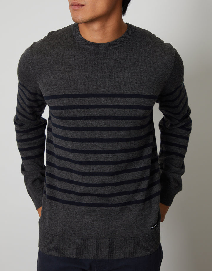 Charcoal Grey Marl Striped Knitted Crew Neck Jumper