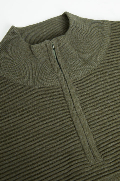 Threadbare Rib Detail Knitted Quarter Zip Jumper in Khaki Green - collar close up