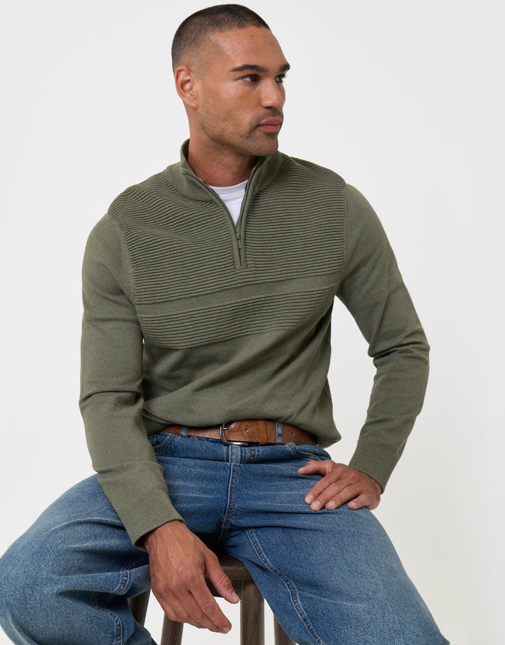 Threadbare Rib Detail Knitted Quarter Zip Jumper in Khaki Green - sat down