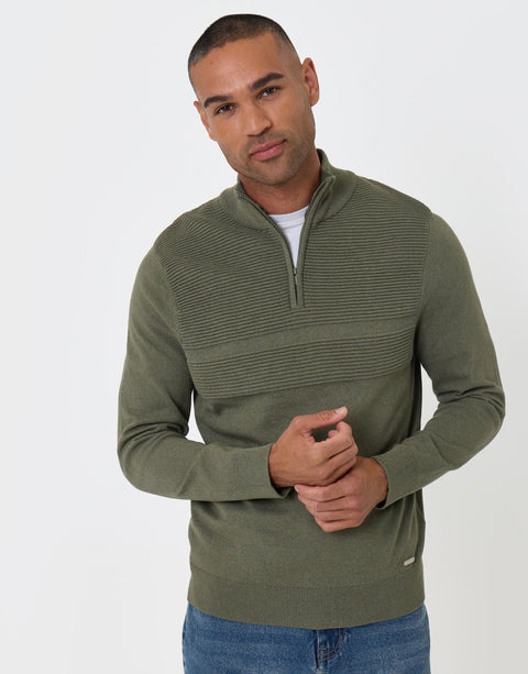 Threadbare Rib Detail Knitted Quarter Zip Jumper in Khaki Green - front view