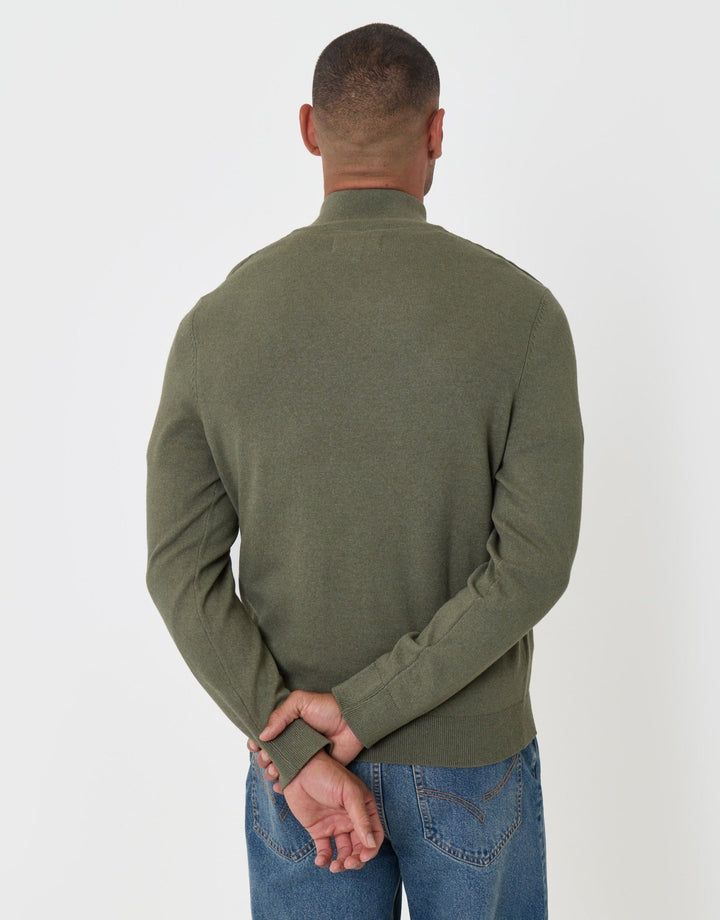 Threadbare Rib Detail Knitted Quarter Zip Jumper in Khaki Green - back view