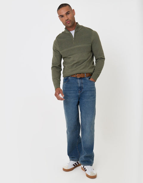 Threadbare Rib Detail Knitted Quarter Zip Jumper in Khaki Green - full body