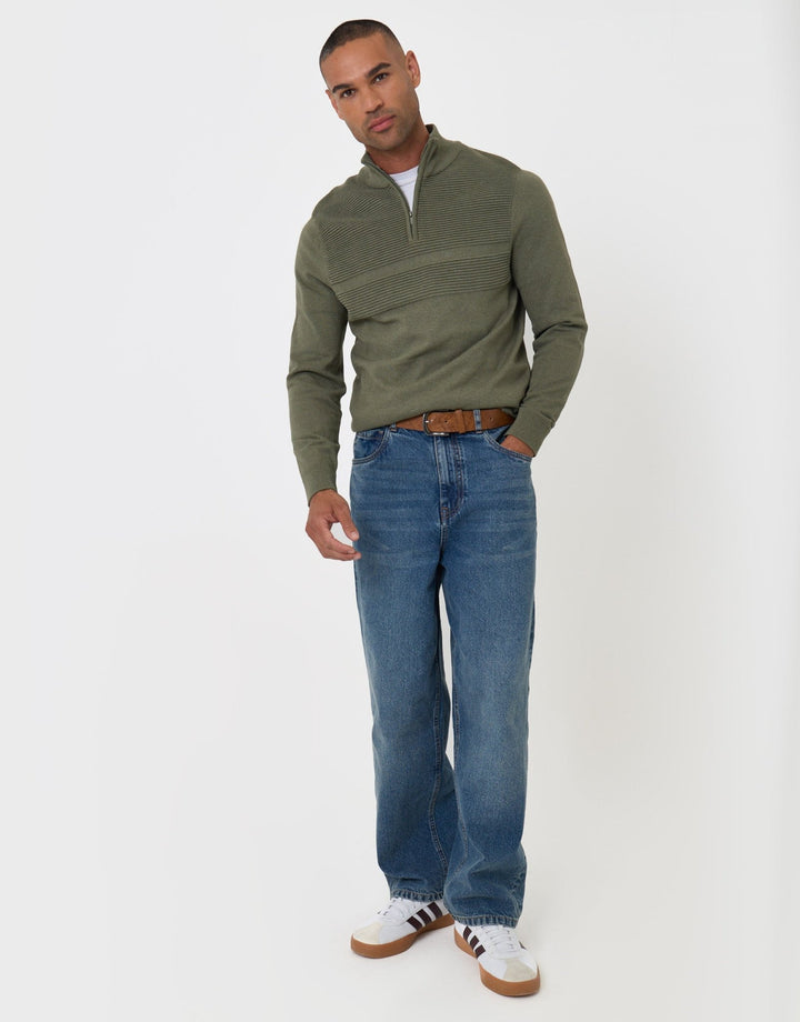 Threadbare Rib Detail Knitted Quarter Zip Jumper in Khaki Green - full body