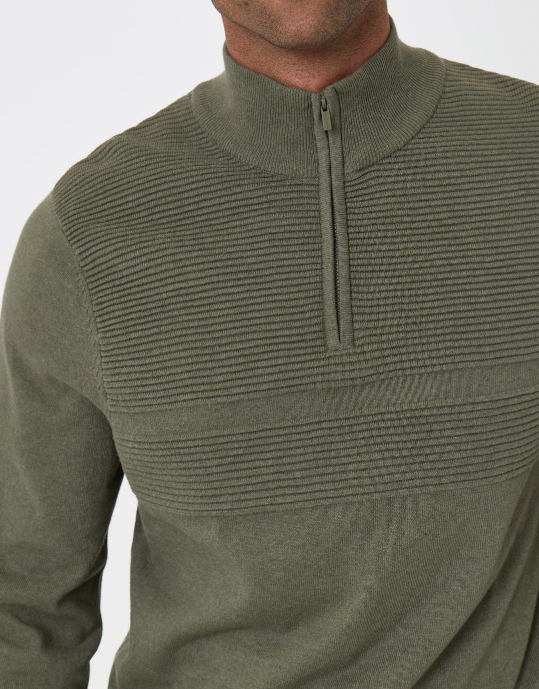 Threadbare Rib Detail Knitted Quarter Zip Jumper in Khaki Green - detail
