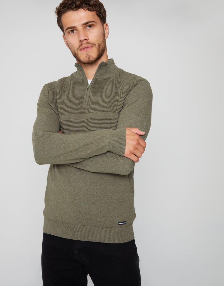 Khaki Green Rib Detail Knitted Quarter Zip Jumper