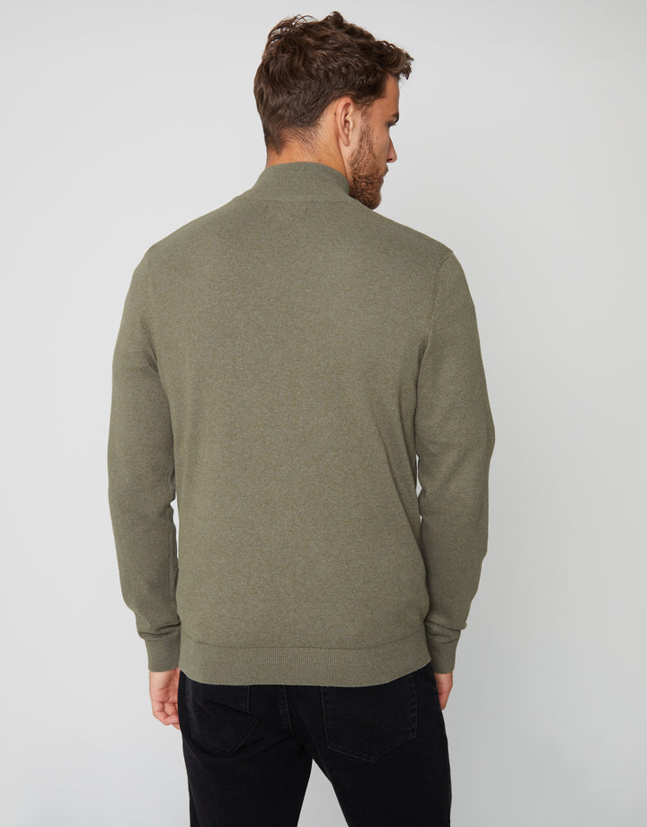 Khaki Green Rib Detail Knitted Quarter Zip Jumper