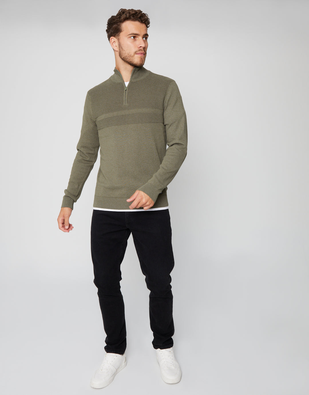 Khaki Green Rib Detail Knitted Quarter Zip Jumper