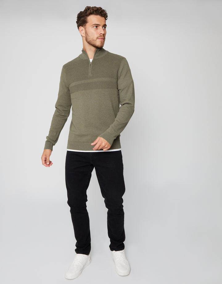 Khaki Green Rib Detail Knitted Quarter Zip Jumper