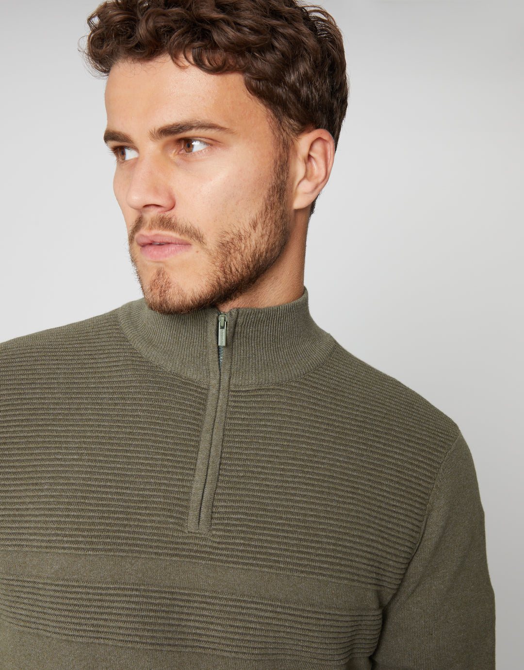 Khaki Green Rib Detail Knitted Quarter Zip Jumper