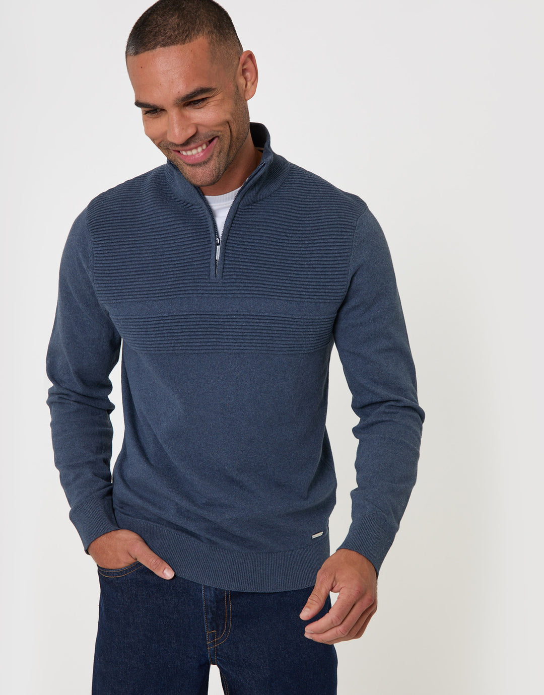 Threadbare Raglan Knitted Quarter Zip Jumper in Denim Blue - front view