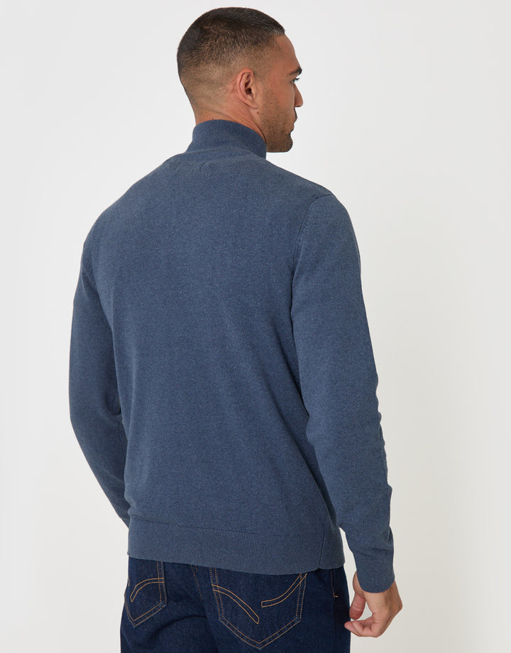 Threadbare Raglan Knitted Quarter Zip Jumper in Denim Blue - back view