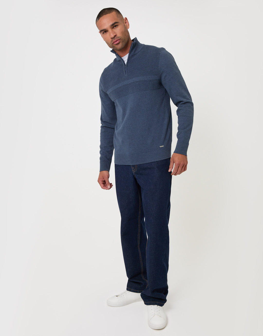 Threadbare Raglan Knitted Quarter Zip Jumper in Denim Blue - full body