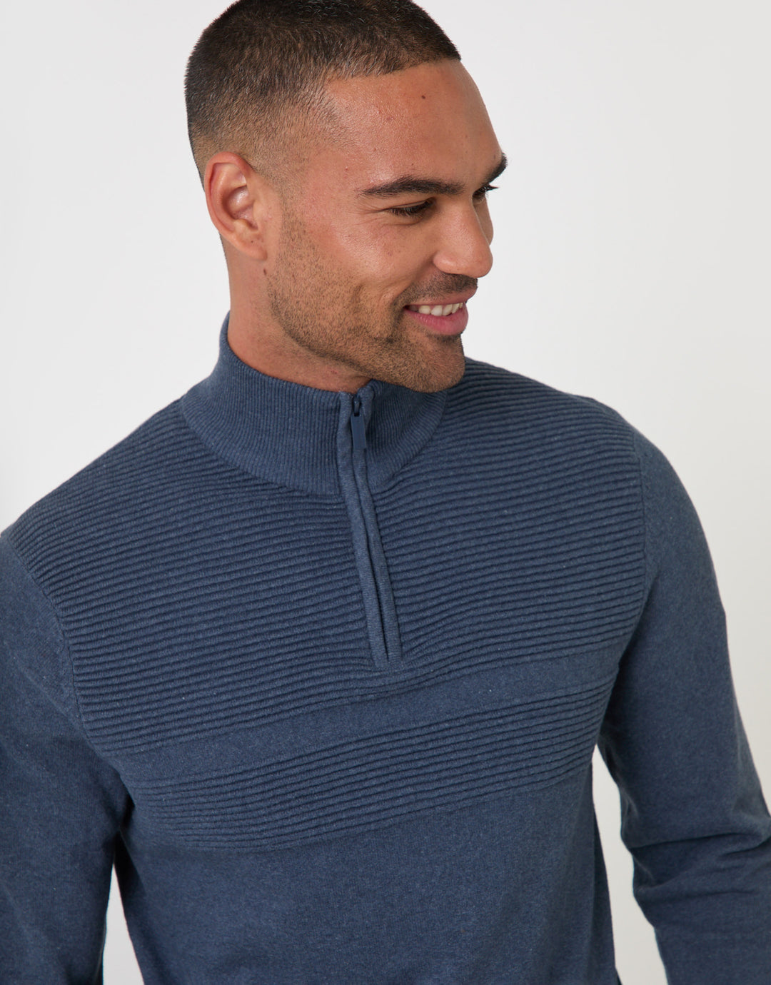 Threadbare Raglan Knitted Quarter Zip Jumper in Denim Blue - close up