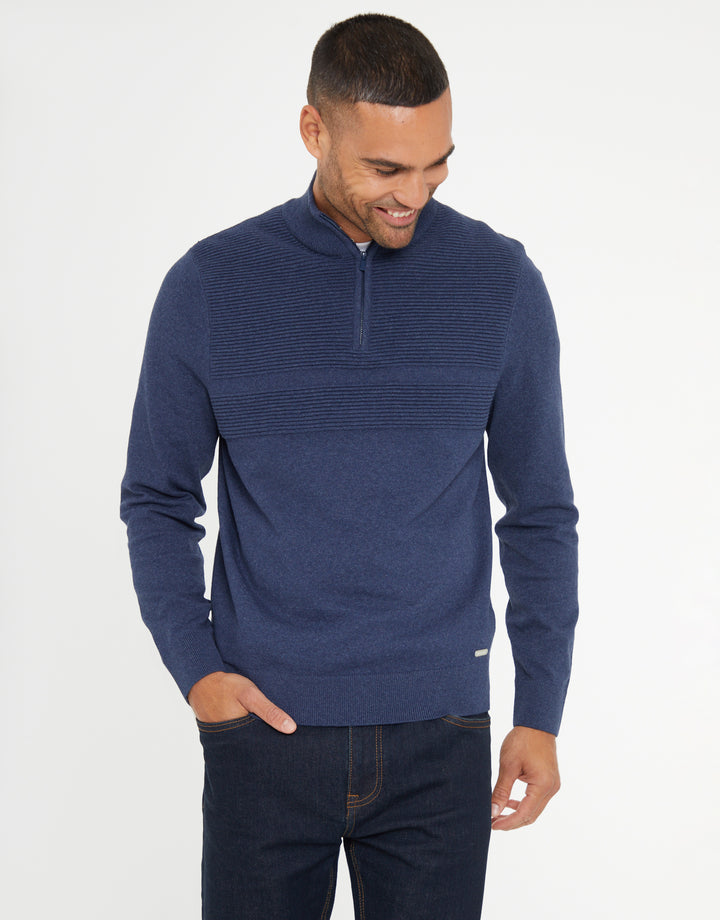 Denim Blue Rib Detail Knitted Quarter Zip Jumper