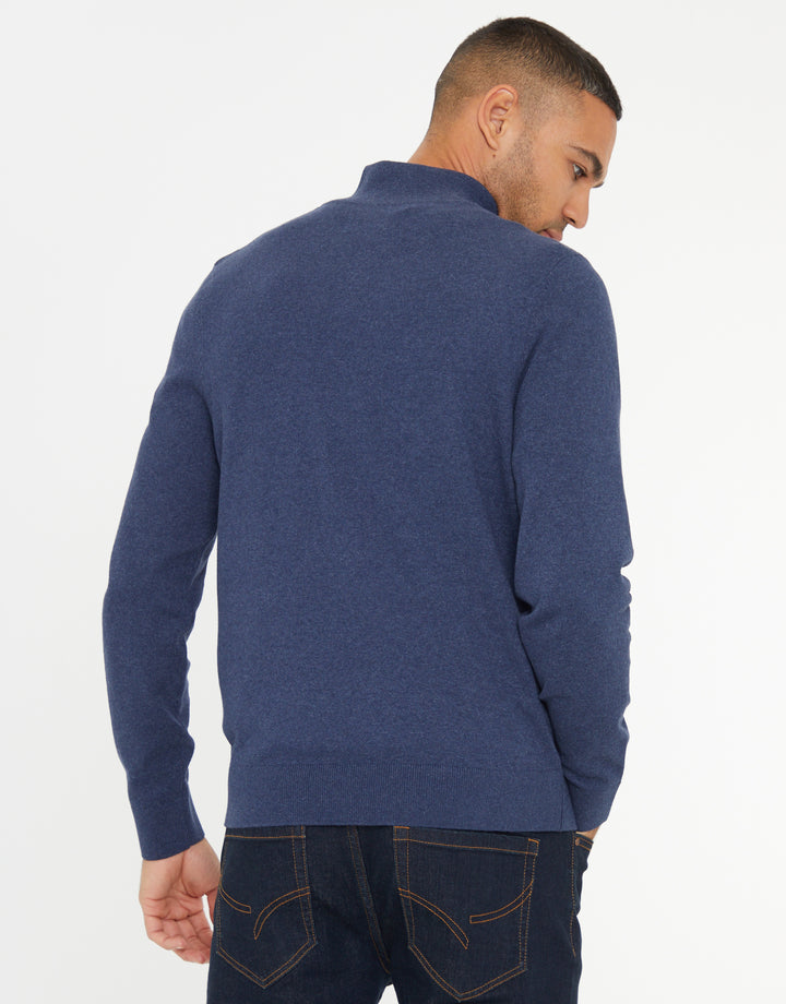 Denim Blue Rib Detail Knitted Quarter Zip Jumper