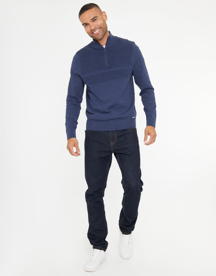 Denim Blue Rib Detail Knitted Quarter Zip Jumper