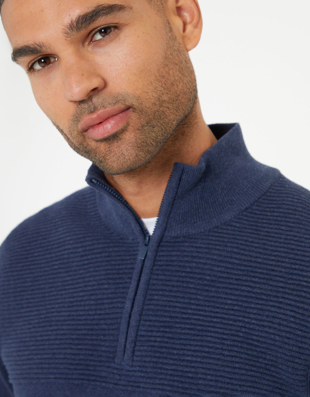 Denim Blue Rib Detail Knitted Quarter Zip Jumper