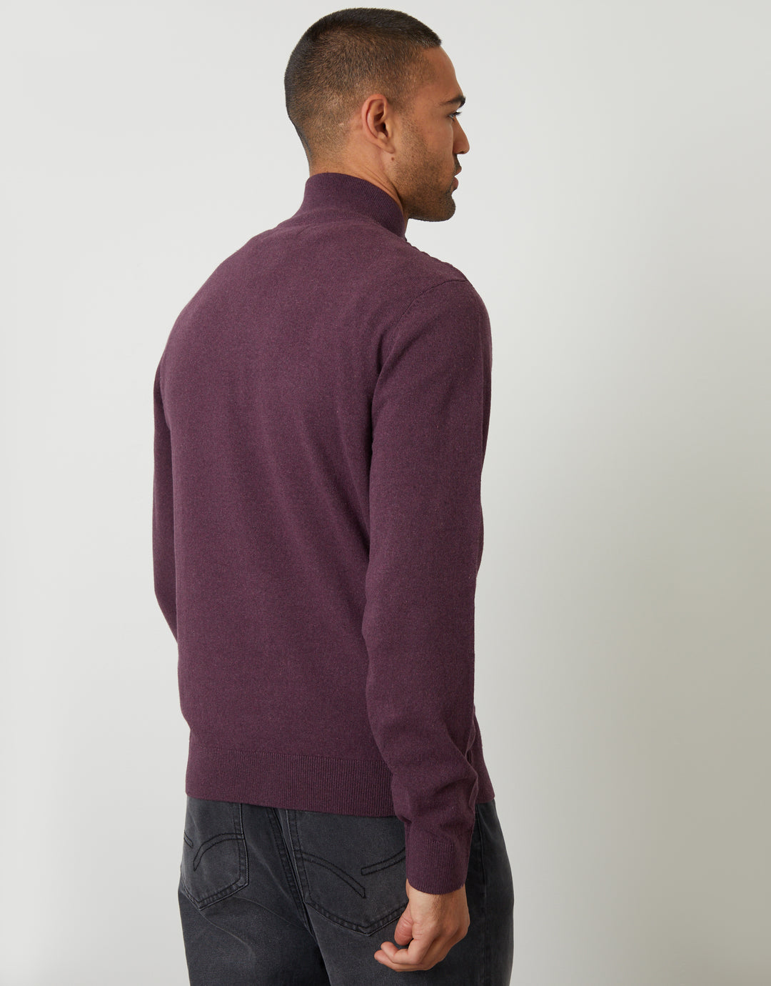 Rib Detail Knitted Quarter Zip Jumper in Burgundy