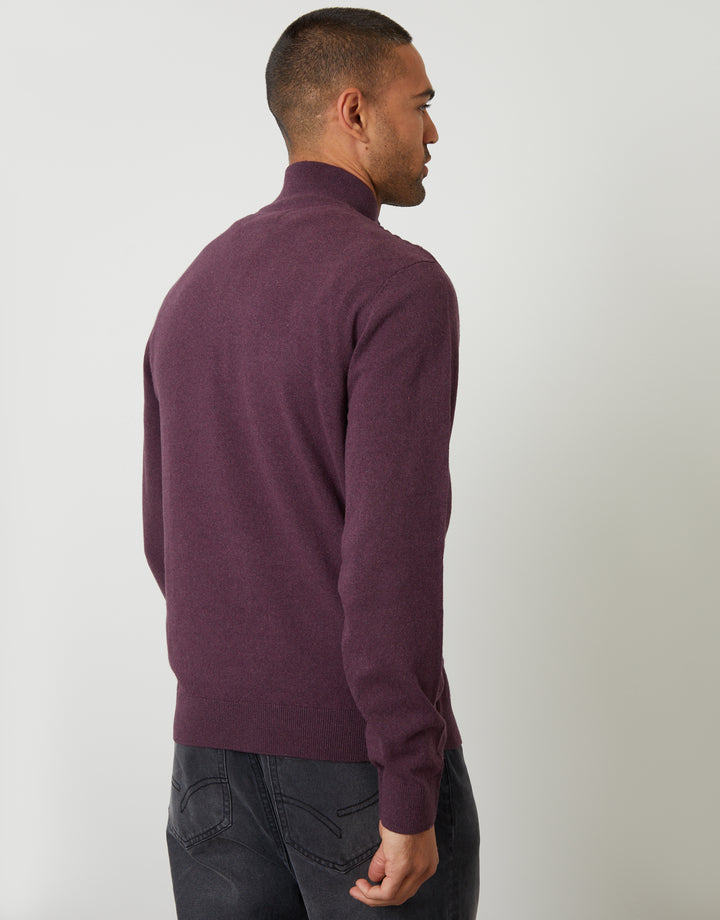 Rib Detail Knitted Quarter Zip Jumper in Burgundy