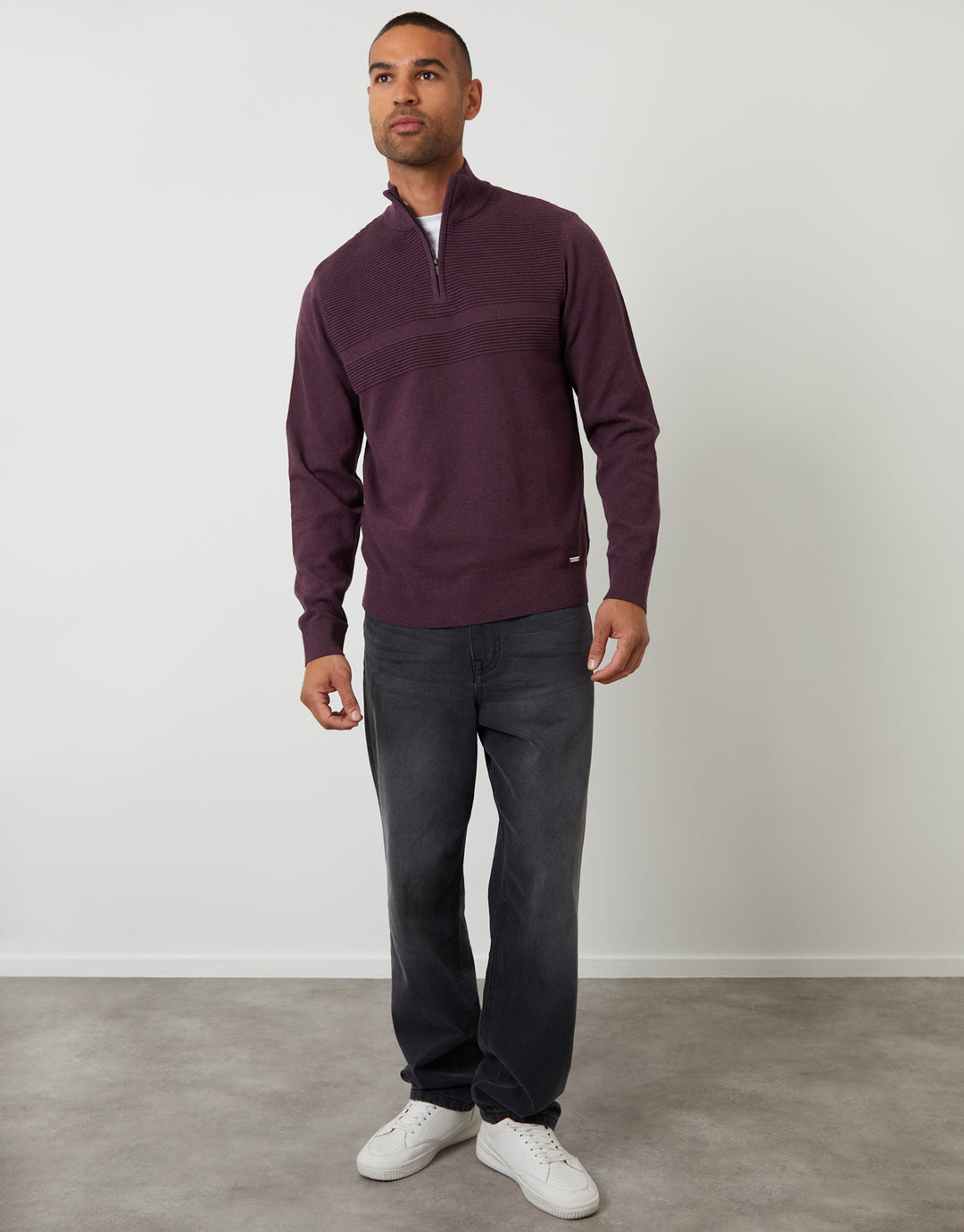 Rib Detail Knitted Quarter Zip Jumper in Burgundy