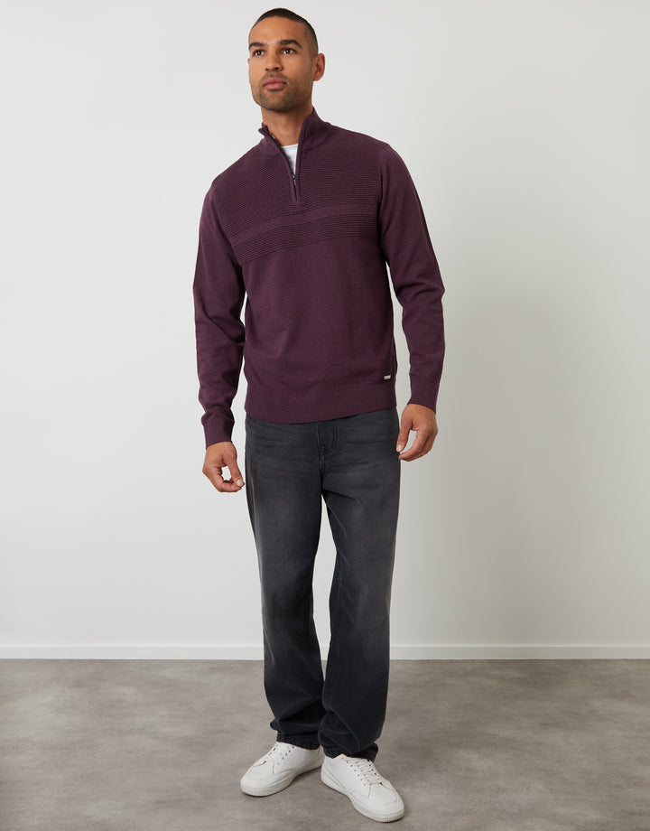 Rib Detail Knitted Quarter Zip Jumper in Burgundy