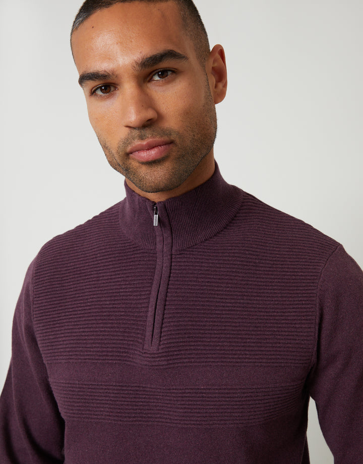 Rib Detail Knitted Quarter Zip Jumper in Burgundy