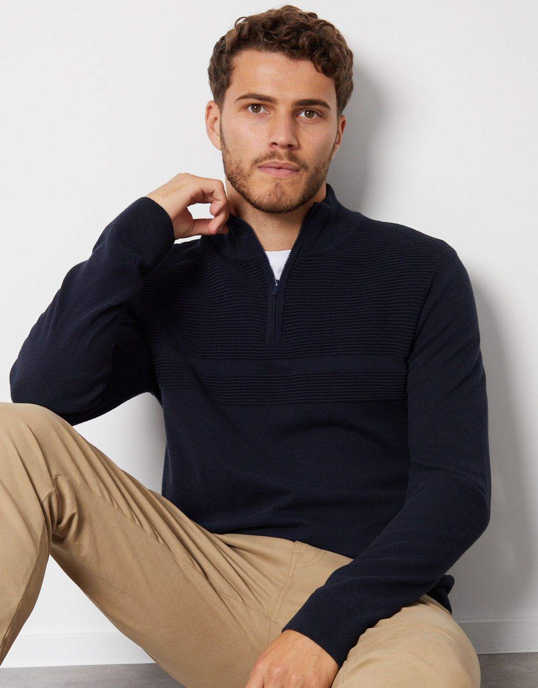 Navy Rib Detail Knitted Quarter Zip Jumper